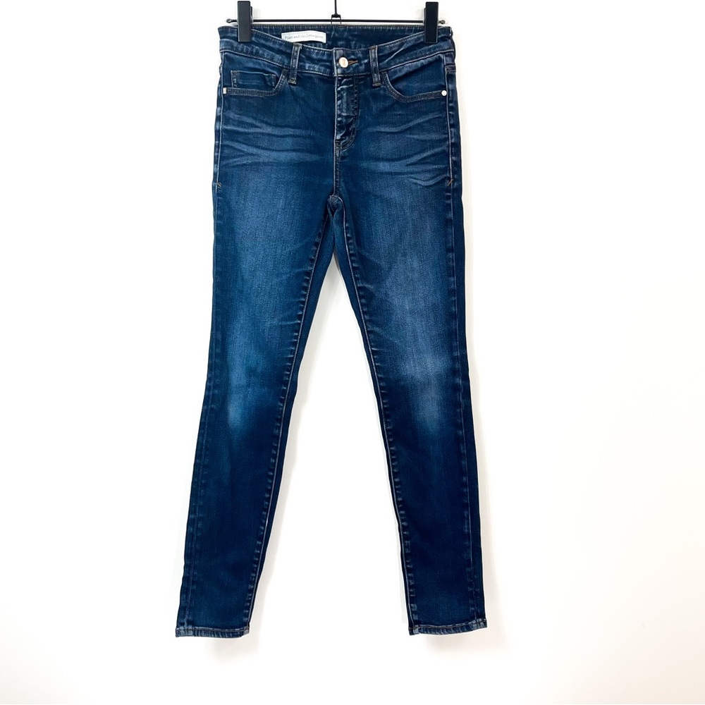 Pilcro and the Letterpress Dark Wash Medium Waist Straight Jeans.